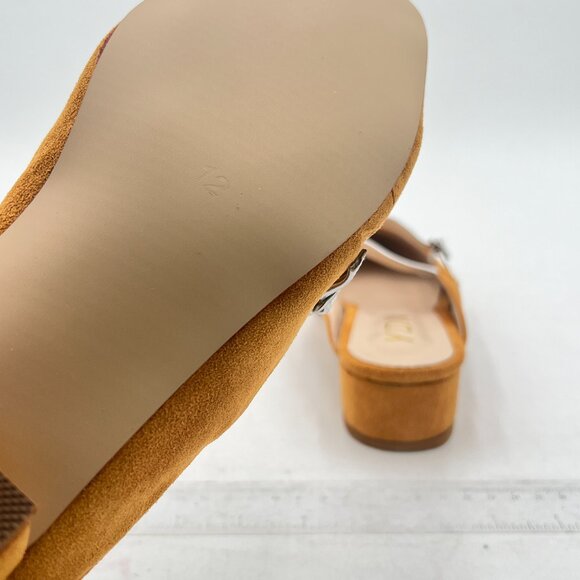 YDN Yellow Mules Suede Straps Buckle Square Toe Low Block Heels Sandals - Picture 6 of 8